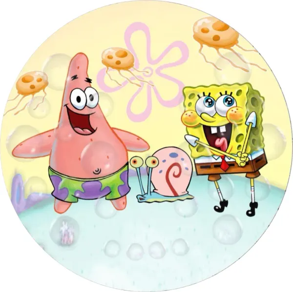 Kulatý jedlý obrázek na dort – SpongeBob, s Patrikem a šnekem Garym (žlutá, růžová, modrá)