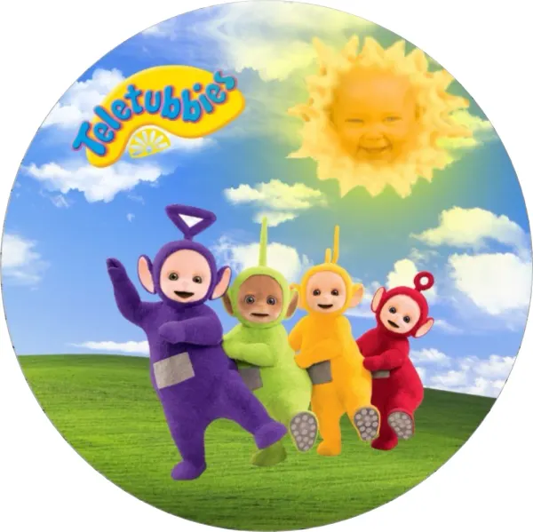 Kulatý jedlý obrázek na dort – Teletubbies (zelená, modrá, žlutá)