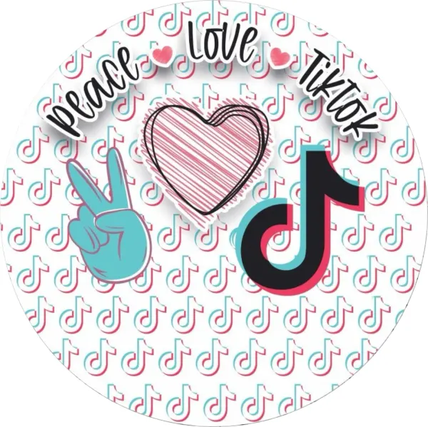 Kulatý jedlý obrázek na dort – TikTok, Peace, Love (bílá, černá, tyrkysová)