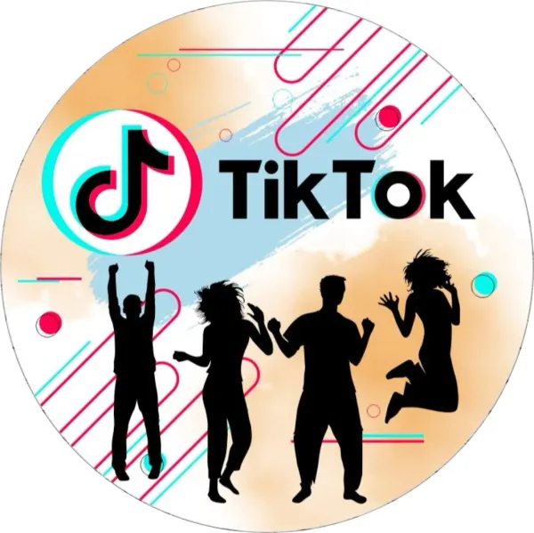 Kulatý jedlý obrázek na dort – TikTok, logo a tančící siluety přátel (bílá, černá, tyrkysová)
