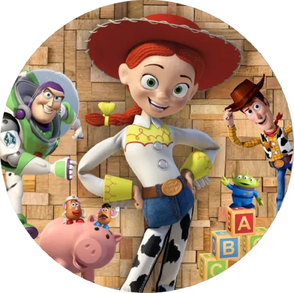 Kulatý jedlý obrázek na dort – Toy Story, Jessie a přátelé na kostkách (hnědá, červená, žlutá)
