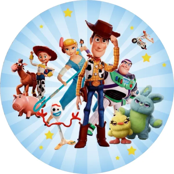 Kulatý jedlý obrázek na dort – Toy Story, Woody, přátelé a Duke Caboom (modrá, žlutá, hnědá)