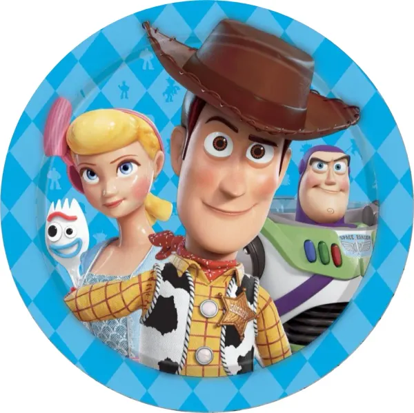 Kulatý jedlý obrázek na dort – Toy Story, Woody, Bo Peep a Vidlík (modrá, hnědá, žlutá)