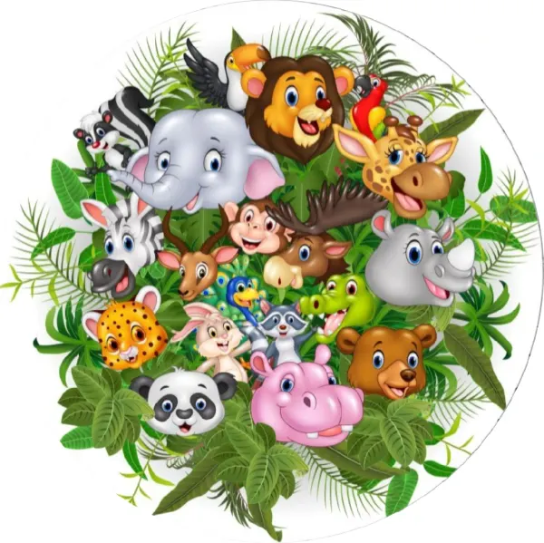 Kulatý jedlý obrázek na dort – ZOO, safari (zelená, růžová, šedá)