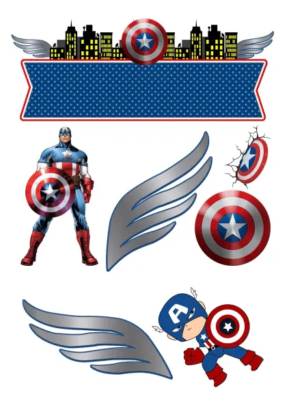 Obdélníkový jedlý papír k výřezu – Avengers, noční město, štíty a modrý banner (modrá, červená, stříbrná)