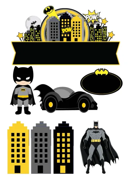 Obdélníkový jedlý papír k výřezu – Batman, Batmobil, noční město a nápis POW! (černá, žlutá, šedá)