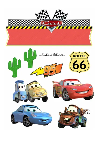 Obdélníkový jedlý papír k výřezu – Cars, Blesk, Sally, Burák a Route 66 (červená, modrá, žlutá)