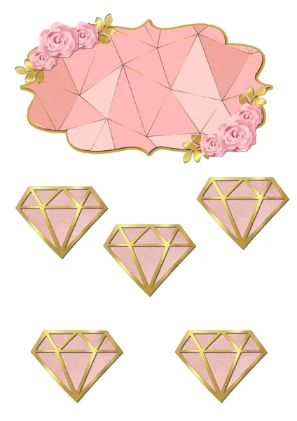 Obdélníkový jedlý papír k výřezu – Diamanty (růžová, zlatá, bílá)