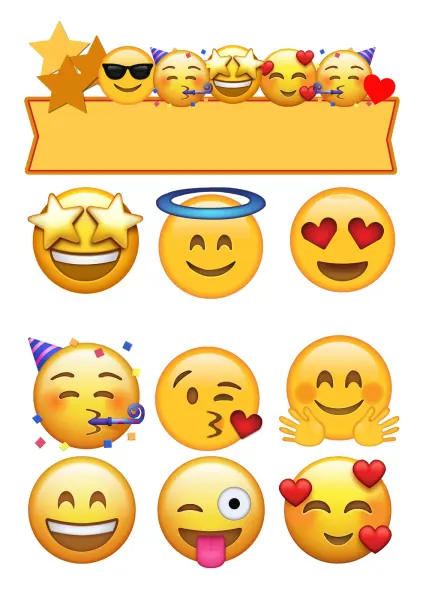 List jedlých koleček na cupcakes – Emoji, smajlíci (žlutá, červená, modrá)