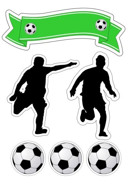 Obdélníkový jedlý papír k výřezu – Fotbal, siluety hráčů, míče a zelená stuha (zelená, černá, bílá)