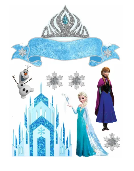 Obdélníkový jedlý papír k výřezu – Frozen, Elsa, Anna a Olaf u ledového zámku (modrá, bílá, stříbrná)