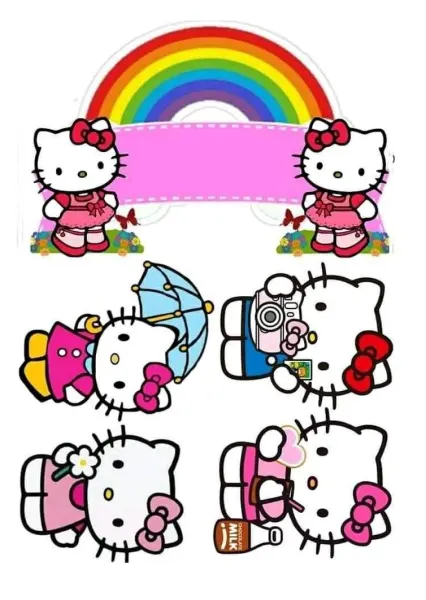 Obdélníkový jedlý papír k výřezu – Hello Kitty, s pestrou duhou a stuhou (růžová, červená, duhová)