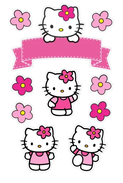 Obdélníkový jedlý papír k výřezu – Hello Kitty, v růžových šatech s kytičkami (růžová, bílá, černá)