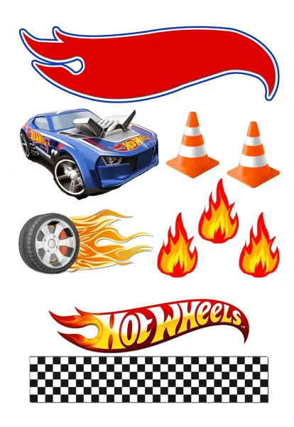 Obdélníkový jedlý papír k výřezu – Hot Wheels, modré auto, plameny a kužely (modrá, červená, žlutá)