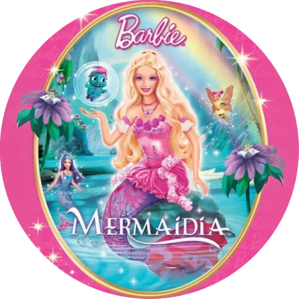 Kulatý jedlý obrázek na dort – Barbie mořská víla (růžová, modrá, zlatá)