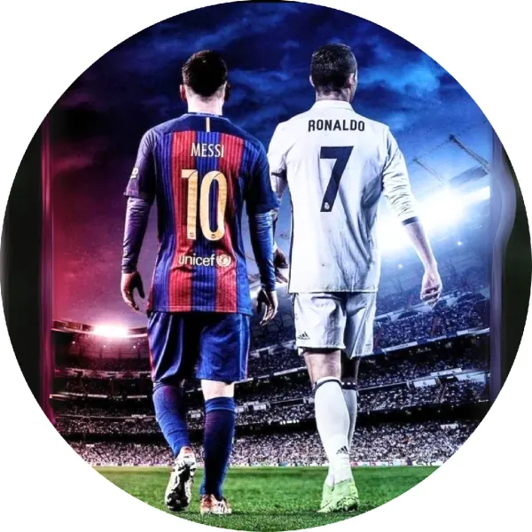 Kulatý jedlý obrázek na dort – Messi a Ronaldo (modrá, bílá, zelená)