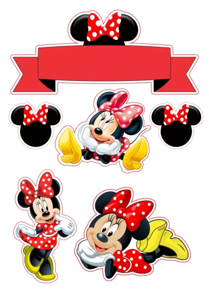 Obdélníkový jedlý papír k výřezu – Minnie, červená sada s mašlemi a stuhou (červená, černá, bílá)