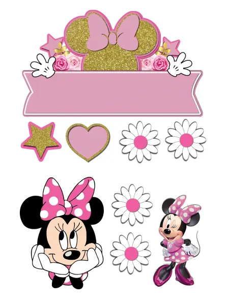 Obdélníkový jedlý papír k výřezu – Minnie, růžové šaty, stuha a zlaté ucho (růžová, zlatá, bílá)