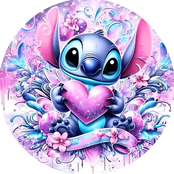 Kulatý jedlý obrázek na dort – Lilo a Stitch, Stitch se třpytivým srdcem (růžová, fialová, modrá)