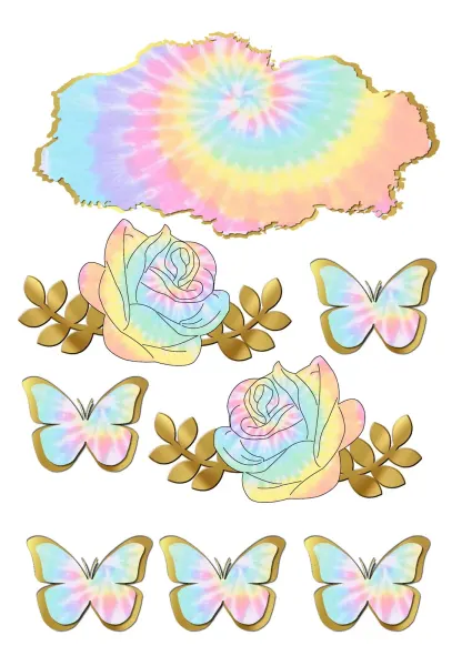 Obdélníkový jedlý papír k výřezu – Motýlci, pastelový tie-dye mrak a růže (duhová, růžová, zlatá)