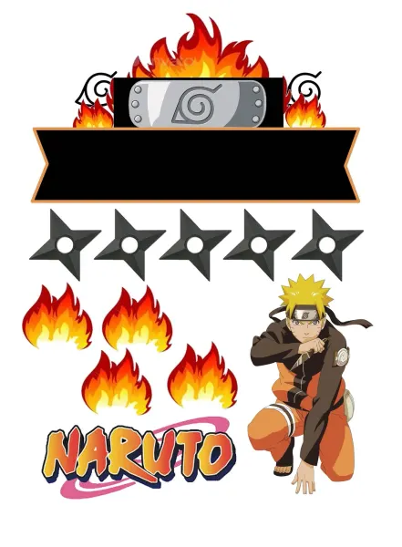Obdélníkový jedlý papír k výřezu – Naruto, v pokleku s plameny a shurikeny (žlutá, černá, červená)