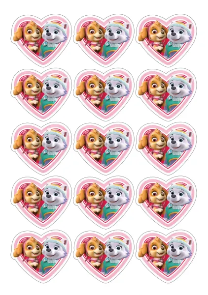 List jedlých koleček na cupcakes – Paw Patrol, srdíčka (růžová, tyrkysová, bílá)
