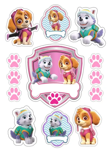 Obdélníkový jedlý papír k výřezu – Paw Patrol, Skye a Everest s medailony (růžová, bílá, tyrkysová)