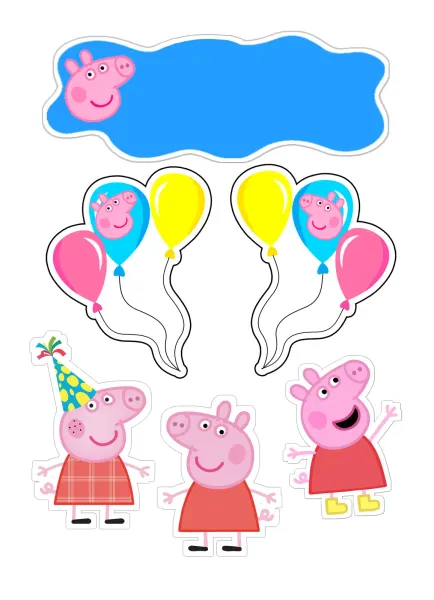 Obdélníkový jedlý papír k výřezu – Prasátko Peppa, postavičky, balonky a mráček (růžová, modrá, žlutá)