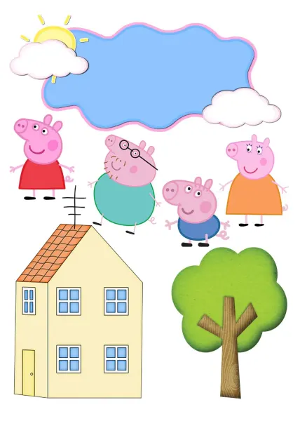 Obdélníkový jedlý papír k výřezu – Prasátko Peppa, rodinka u domečku se sluncem (růžová, modrá, zelená)