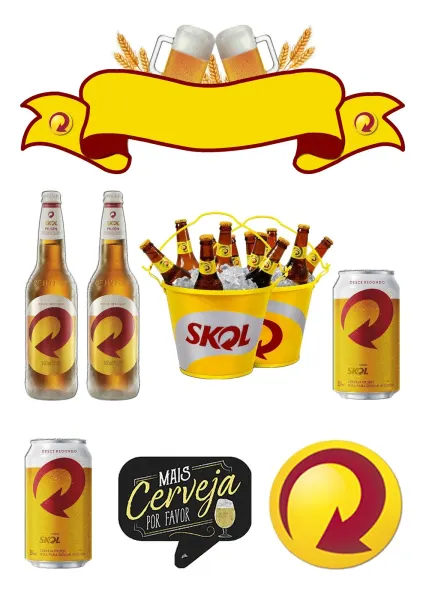 Obdélníkový jedlý papír k výřezu – Pivo, sada lahví, plechovek a žlutá stuha (žlutá, červená, bílá)