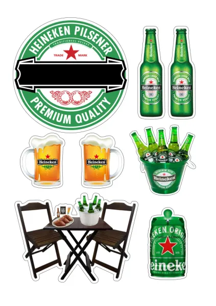 Obdélníkový jedlý papír k výřezu – Pivo Heineken, etiketa, sklenice a stůl (zelená, bílá, černá)