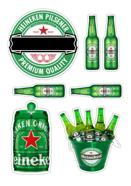 Obdélníkový jedlý papír k výřezu – Pivo Heineken, soudek, kbelík a lahve (zelená, bílá, černá)