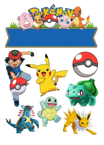Obdélníkový jedlý papír k výřezu – Pokémon, Ash, Pikachu a cedule na jméno (žlutá, zelená, modrá)