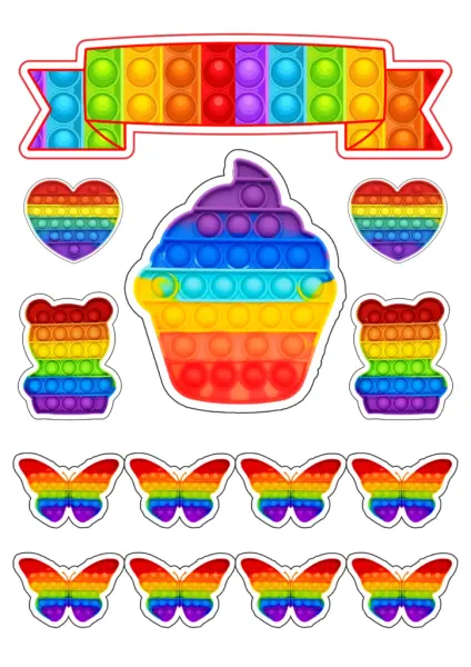 Obdélníkový jedlý papír k výřezu – Pop It, duhový cupcake, medvídci a motýlci (duhová, červená, modrá)