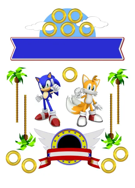 Obdélníkový jedlý papír k výřezu – Sonic, a Tails pod palmami se stuhou (modrá, žlutá, zelená)