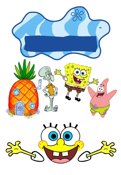 Obdélníkový jedlý papír k výřezu – SpongeBob, parta se Sépiusem a pruh na jméno (modrá, žlutá, červená)