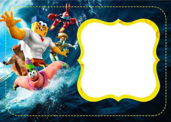 Obdélníkový jedlý obrázek na dort – SpongeBob, superhrdinové na mořské vlně (modrá, žlutá, bílá)
