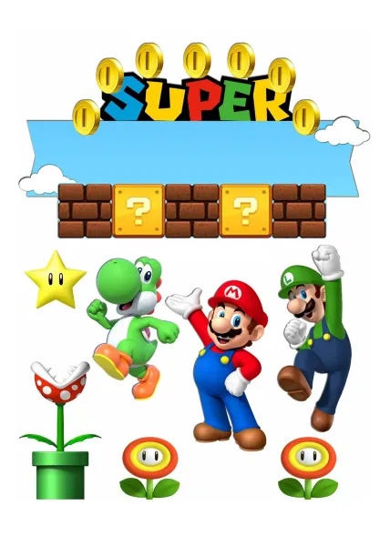 Obdélníkový jedlý papír k výřezu – Super Mario, Mario, Luigi a Yoshi se stuhou (červená, modrá, zelená)