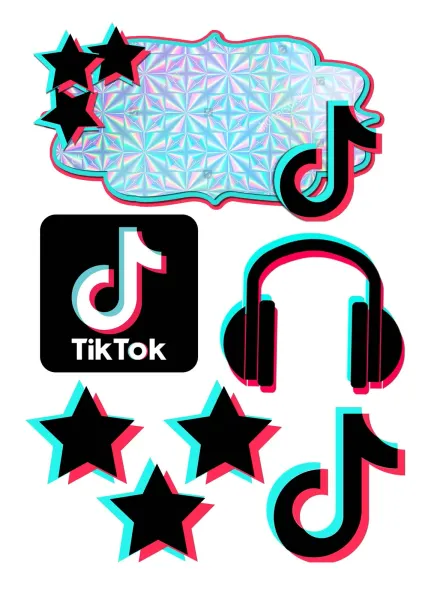 Obdélníkový jedlý papír k výřezu – TikTok, 3D sluchátka, noty a jmenovka (černá, tyrkysová, růžová)