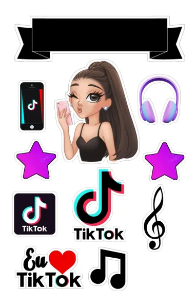 Obdélníkový jedlý papír k výřezu – TikTok, dívka s telefonem a sluchátka (černá, fialová, tyrkysová)