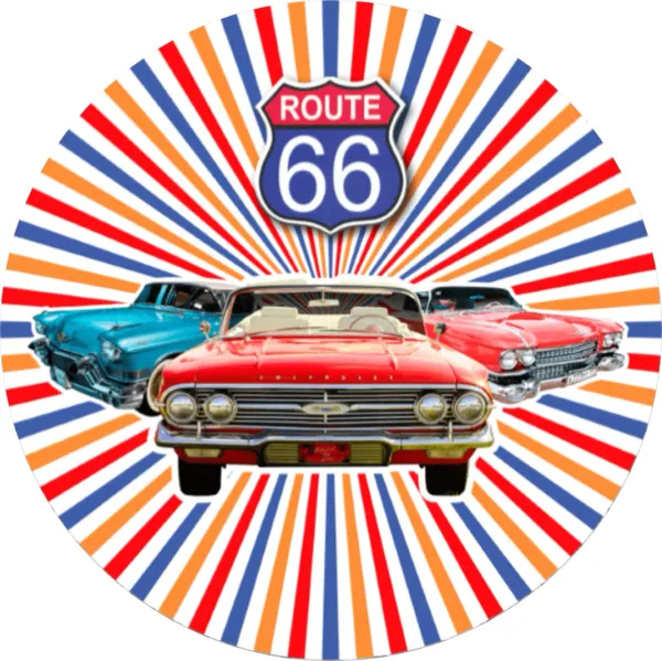 Kulatý jedlý obrázek na dort – Auto, Route 66 (modrá, červená, bílá)