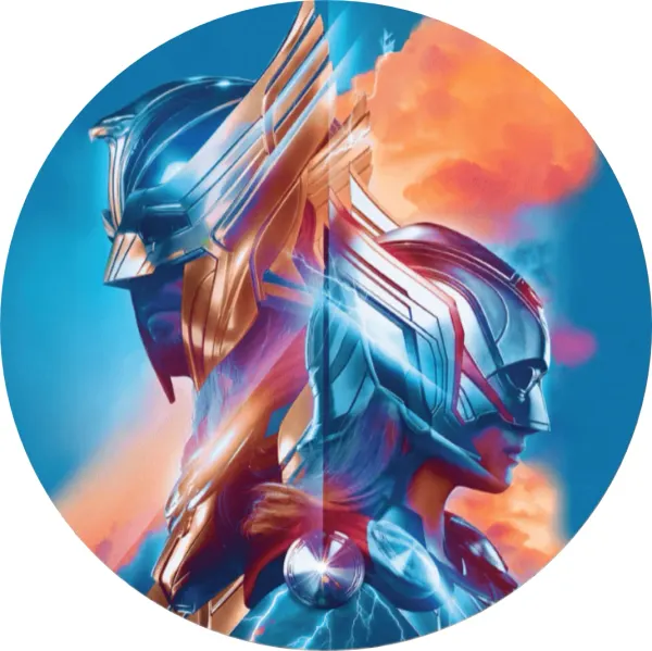 Kulatý jedlý obrázek na dort – Avengers, Thor a Mighty Thor s helmou (modrá, zlatá, stříbrná)