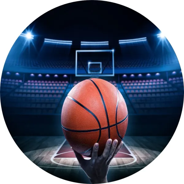 Kulatý jedlý obrázek na dort – Basketbal, ruka s míčem a stadion (modrá, černá, žlutá)