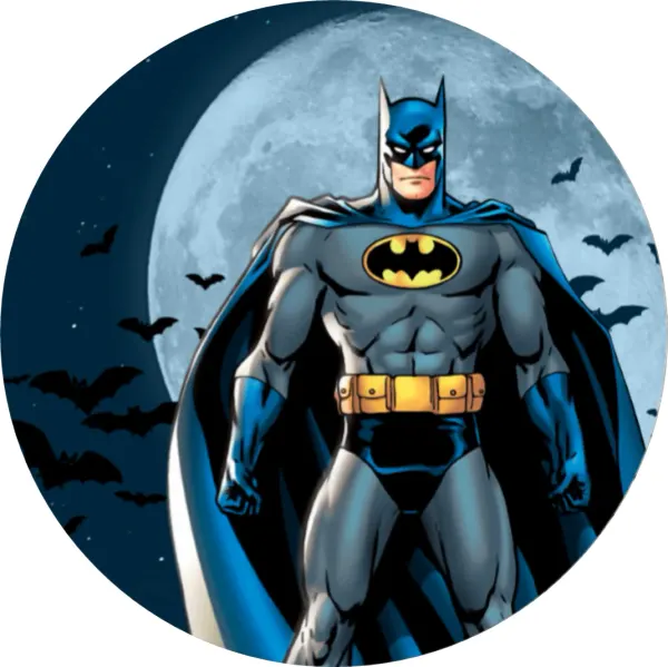 Kulatý jedlý obrázek na dort – Batman, s modrým měsícem a netopýry (modrá, šedá, černá)