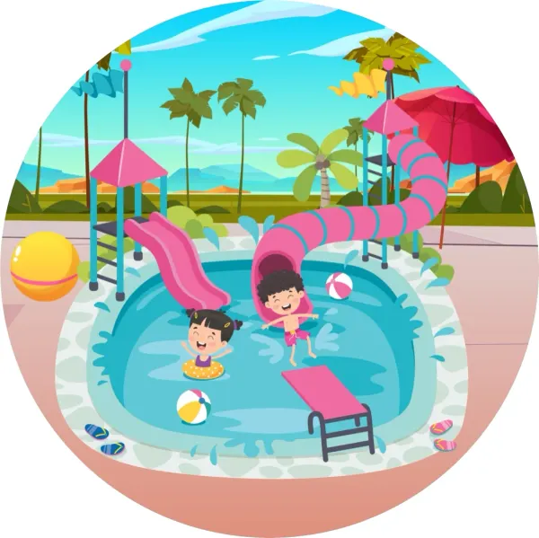 Kulatý jedlý obrázek na dort – Bazén, aquapark (modrá, růžová, tyrkysová)
