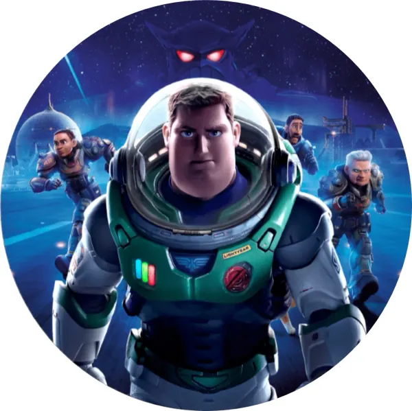Kulatý jedlý obrázek na dort – Buzz Raketák (modrá, zelená, černá)