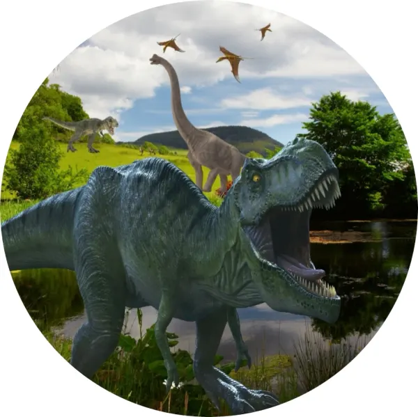 Kulatý jedlý obrázek na dort – Dinosauři, zelený T-Rex u jezírka (zelená, modrá, šedá)