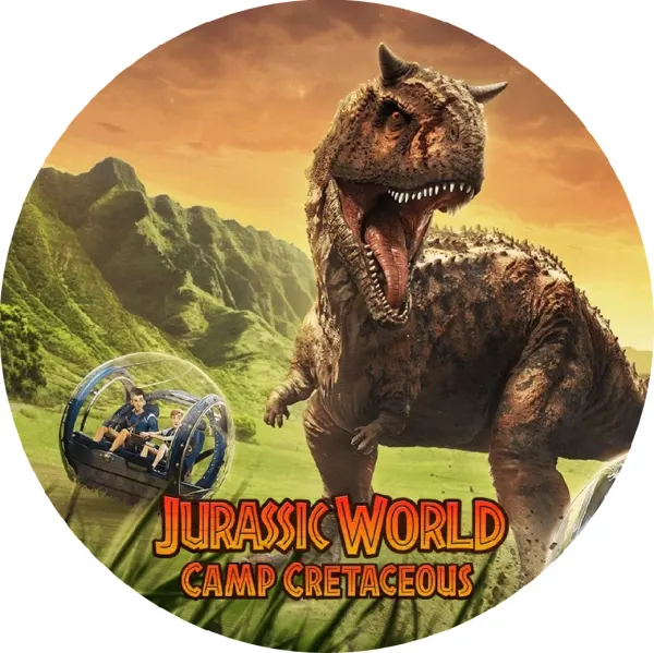 Kulatý jedlý obrázek na dort – Dinosauři, Camp Cretaceous a dravec (zelená, hnědá, žlutá)