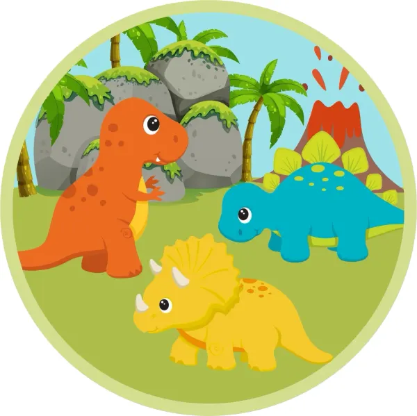 Kulatý jedlý obrázek na dort – Dinosauři, oranžový T-Rex a lávová sopka (zelená, modrá, žlutá)