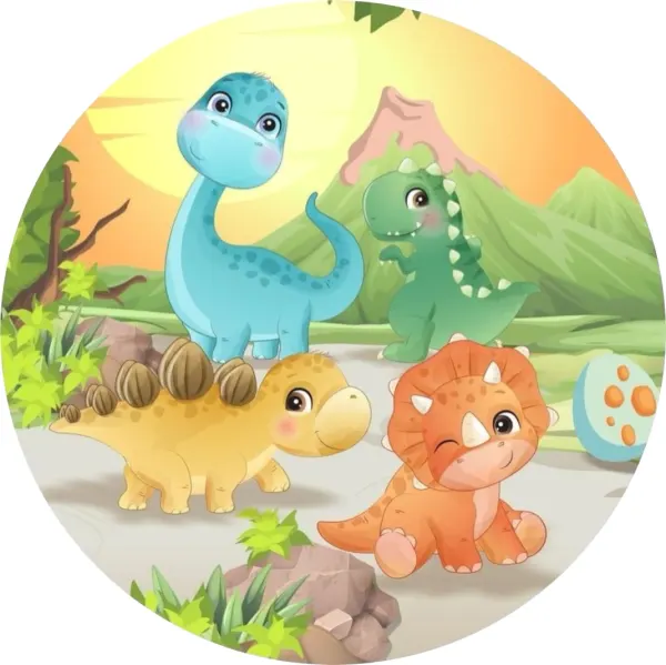 Kulatý jedlý obrázek na dort – Dinosauři, čtyři mláďata a vajíčko u sopky (zelená, žlutá, modrá)